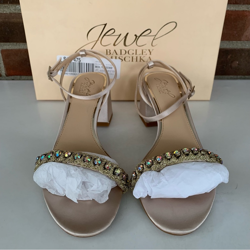 Jewel Badgley Mischka Womens Odonna Evening Sandals DARK BEIGE Block Heel US 8 M - Picture 3 of 9